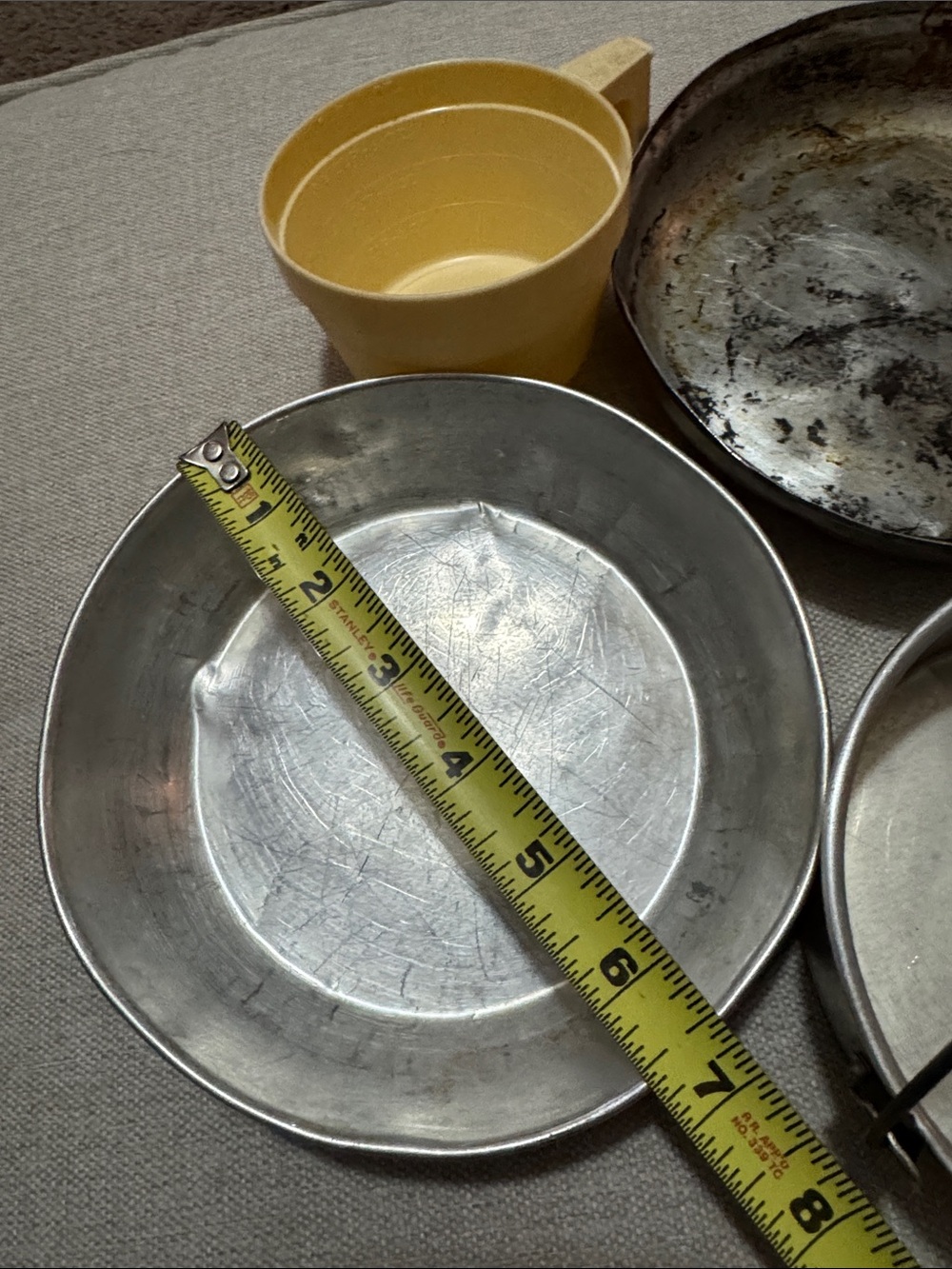 Used Mess Kit-Multi Piece Set-Pans Pots with Lid-Plastic Cup-Metal-Used-Marks - Picture 6 of 9